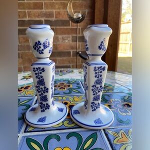 Vintage Dutch Handpained Blue Ceramic Candlesticks from Pella, IA